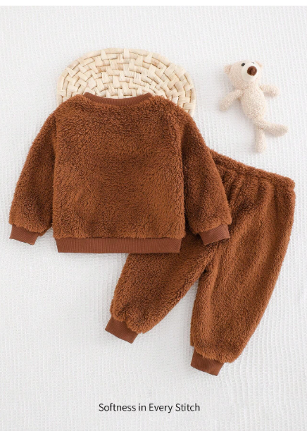 pcs Baby Boy Cartoon Bear Pattern Fleece Thick Crew Neck Long Sleeve Hoodie And Jogger Pants Set Carousel 1