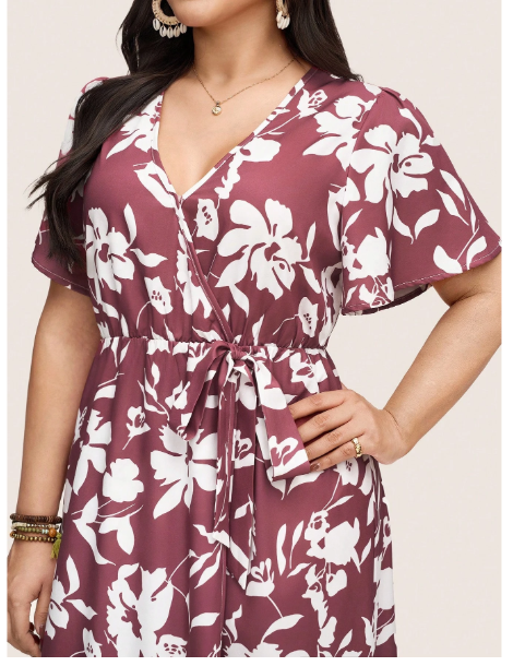 Plus Size Women Floral Print Ruffle Sleeve Carousel 1