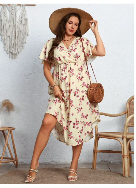 Plus Size Women V-Neck Waist Fit Floral Printed Flare Sleeve Carousel 2