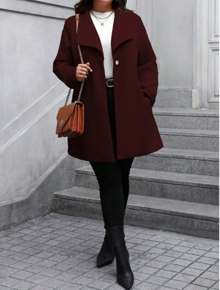 Plus Size Women's Solid Color Long Sleeve Single-Breasted Lapel Casual Overcoat Carousel 3