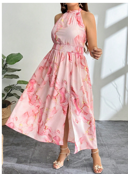 Plus Size Elegant Casual Beach Vacation Pink All-Over Print Halter Gathered Waist High Slit Dress