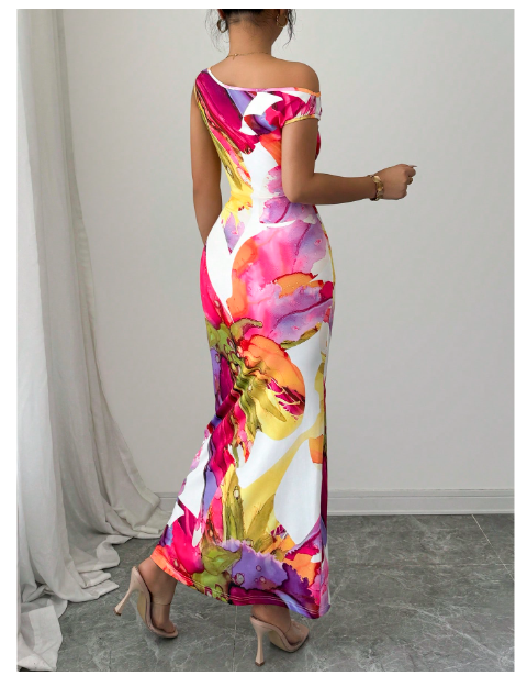 1pc Oblique Shoulder Waist Cinched Fitted Floral Print Dress