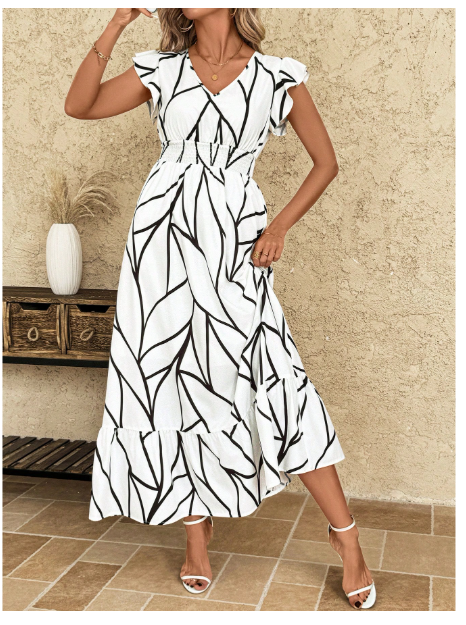 Woven Print Flared Sleeve Fitted Women Long Dress Carousel 2