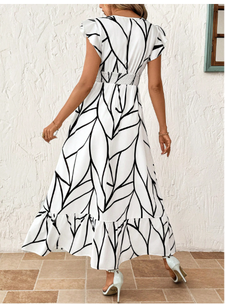 Woven Print Flared Sleeve Fitted Women Long Dress Carousel 1