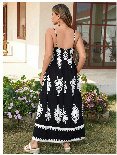 Plus Size Floral Black & White Contrast Color Sleeveless Dress Boho Cowgirl Outfit Carousel 2