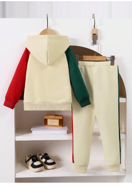 2pcs/Set Young Boy Casual Preppy Tri-Color Splice Top & Pants Set Carousel 1