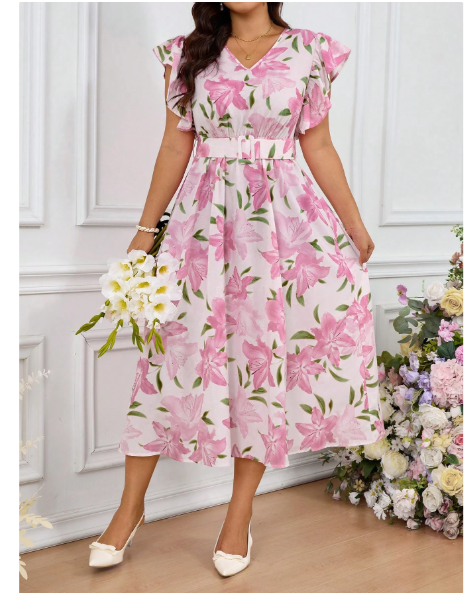 Plus Size Women Elegant Floral All-Over Print Ruffle Hem Dress For Summer Carousel 1