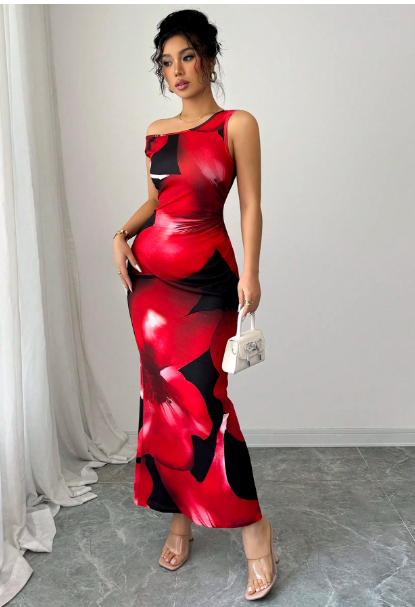 Floral Print Off-The-Shoulder Waist Shaping Fitted Dress Carousel 3