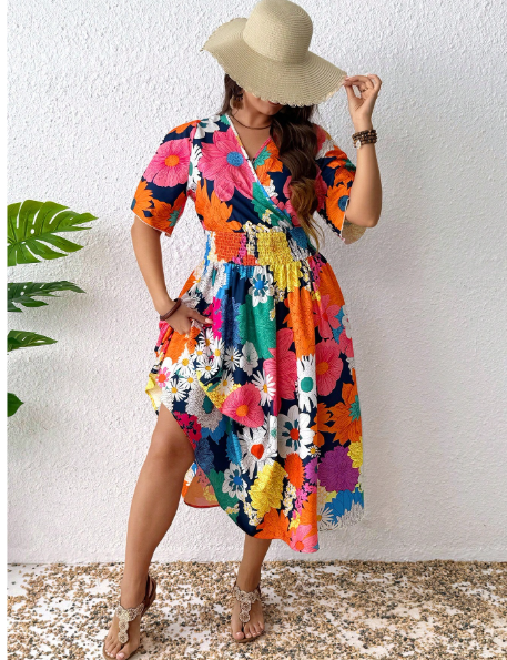 Plus Size Women Summer V-Neck Floral Print Waisted Dress Carousel 4
