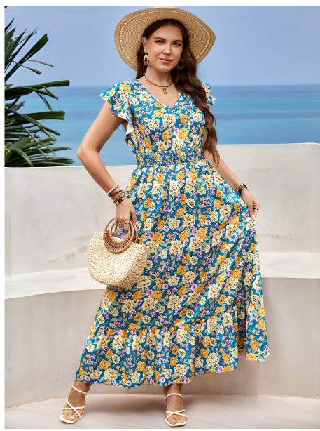 Plus Size Maxi Dress Floral Print Dress Ruffle Sleeves V-Neck Waist Dress Long Dress Carousel 6