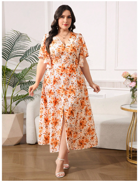 Plus Size Women's V-Neck Orange Floral Print Slim Fit Long Dress Carousel 4