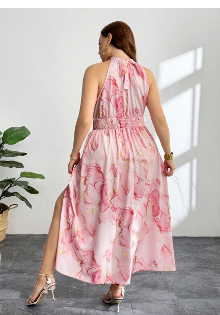 Plus Size Elegant Casual Beach Vacation Pink All-Over Print Halter Gathered Waist High Slit Dress Carousel 2
