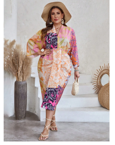 Plus Patchwork Print Ruched Draped Front Dress
