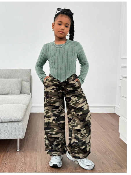  Girl Tween Girl Casual Asymmetrical Hem Long Sleeve Ribbed Tight T-Shirt & Camouflage Print Loose Cargo Pants 2 Pieces Set