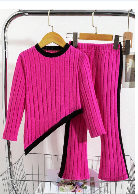 2pcs/Set Young Girl Colorblock Ribbed Fabric Top And Side Colorblock Pants Set