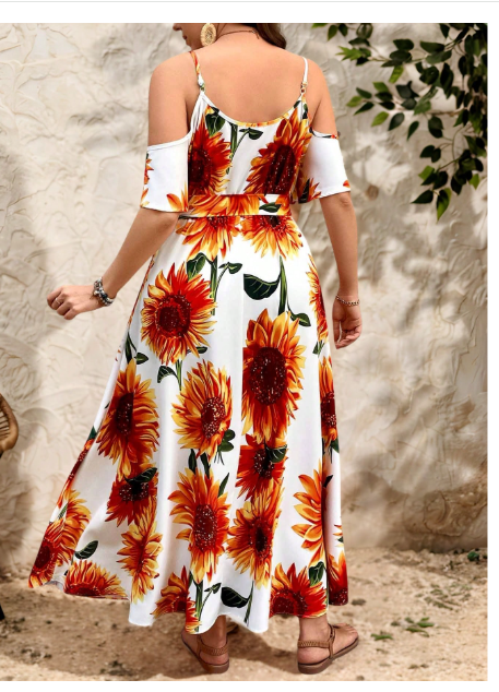 Plus Size Women Sunflower Print Adjustable Spaghetti Strap Open Shoulder Slit Carousel 1