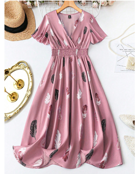 Plus Size Summer Casual Feather Allover Print Dress With Pleated Waist Maxi Women Outfit
