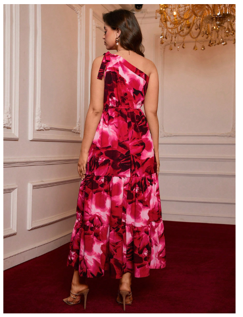 Plus Size Women Floral Print Ruffle Hem Asymmetrical Shoulder Dress Carousel 1