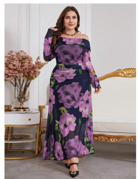 Plus Size Women's Off Shoulder Floral Print Patchwork Ruffle Hem Dress Carousel 3