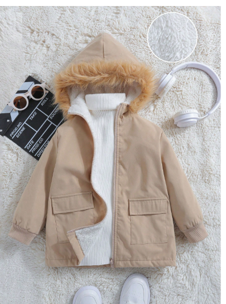Young Boy Flap Pocket Fuzzy Trim Hooded Thermal Lined Zipper Front Coat
