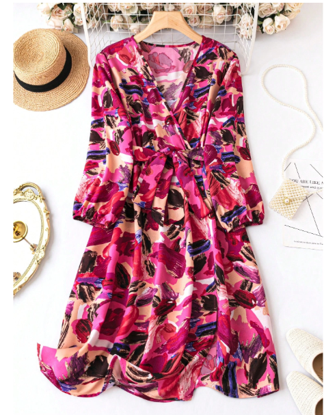 Plus Allover Print Lantern Sleeve Belted Dress
