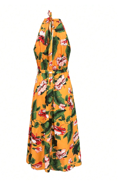 Women's Holiday Tropical Plant Print Halter Long Dress Carousel 1