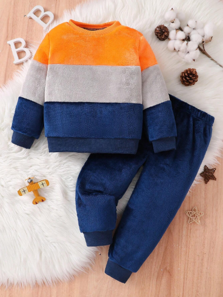 2pcs Young Boy Navy Blue Minimalistic Fashion Crew Neck Long Sleeve Top And Plush Pants