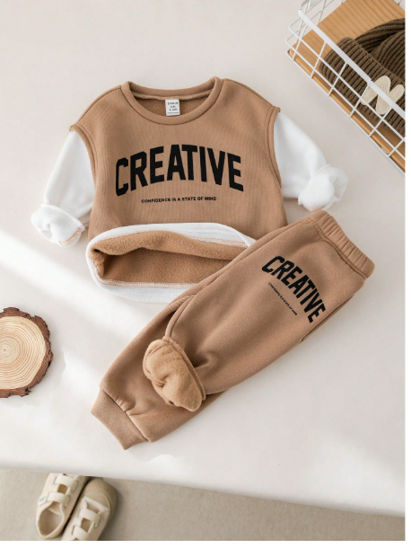 2pcs Baby Boy/Girl Casual Loose 2 In 1 Letter Graphic Sweatshirt & Pants Set Carousel 3