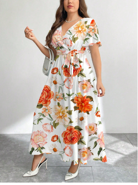 Retro Floral Flower Pattern Loose Plus Size Dress Carousel 4