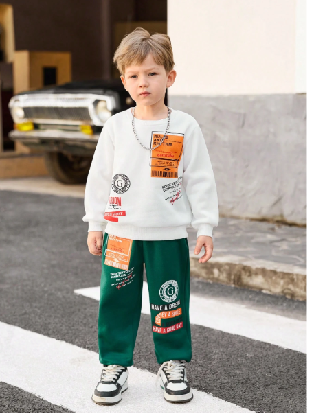 Young Boy Slogan Printed Crew Neck Long Sleeve Sweatshirt And Sweatpants Casual Suit Carousel 3