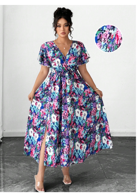 Plus Tropical Print Butterfly Sleeve Dress Maxi Women Outfit