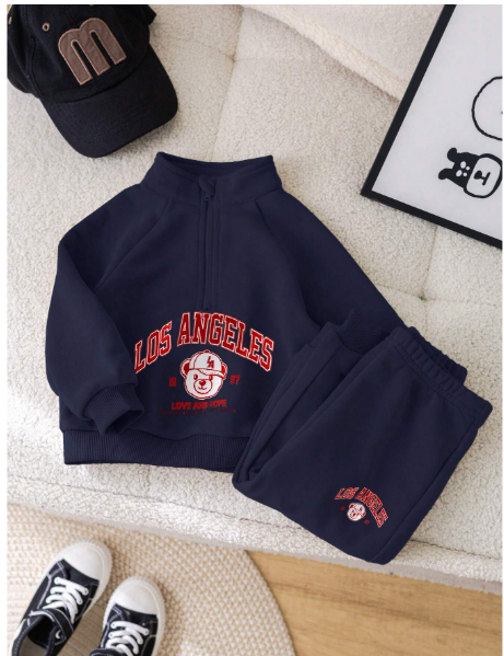 2pcs Baby Boy/Girl Cute Letter Print Mock Collar Sweatshirt And Elastic Waist Pants Set Carousel 4