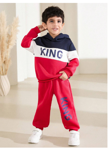 2pcs/Set Boys Casual Colorblock Letter Print Hoodie And Sweatpants Set For Autumn