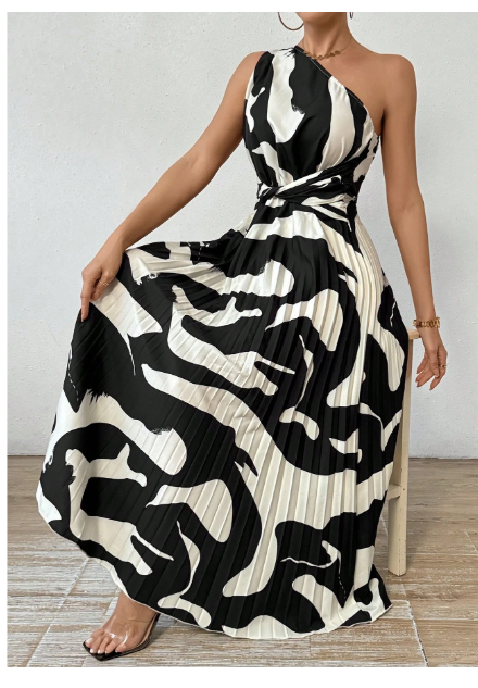 Women'S Pattern Printed One Shoulder Sleeveless Dress With Pleated Hem Carousel 5