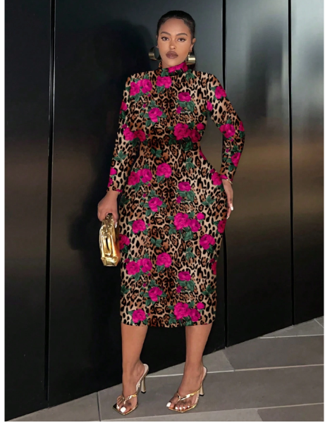 Plus Size Long Sleeve Round Neck Fitted Long Floral Leopard Print Dress Carousel 3