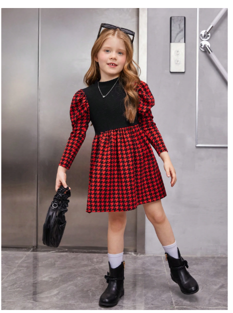 Young Girl Houndstooth Print Gigot Sleeve Dress Carousel 5