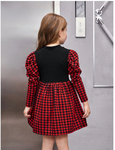 Young Girl Houndstooth Print Gigot Sleeve Dress Carousel 1