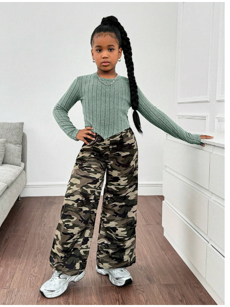  Girl Tween Girl Casual Asymmetrical Hem Long Sleeve Ribbed Tight T-Shirt & Camouflage Print Loose Cargo Pants 2 Pieces Set Carousel 3