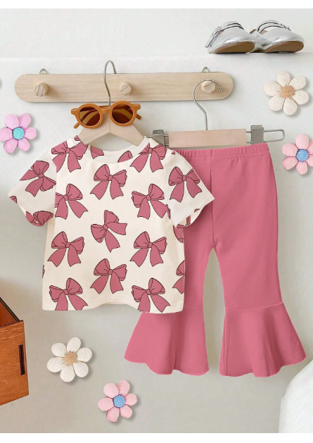 Baby Girl Summer Casual Bow & Print Short Sleeve Top And Flared Pants Set