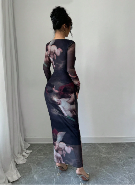 Round Neck Fitted Angel Doll Print Women Dress