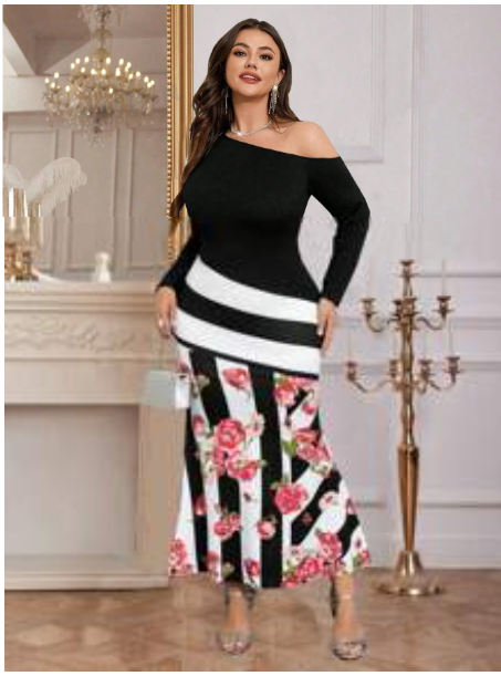 Women's Sexy Form-Fitting Rose Flower Striped Color Block Off Shoulder Long Sleeve Dress Carousel 5