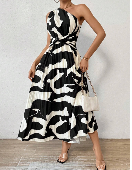 Women'S Pattern Printed One Shoulder Sleeveless Dress With Pleated Hem