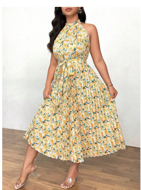Plus Size Women Floral Print Halter Neck A-Line Pleated Hem Dress Carousel 3