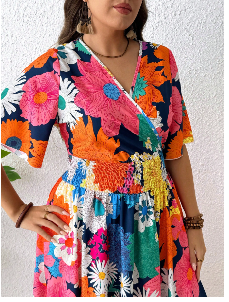 Plus Size Women Summer V-Neck Floral Print Waisted Dress Carousel 5