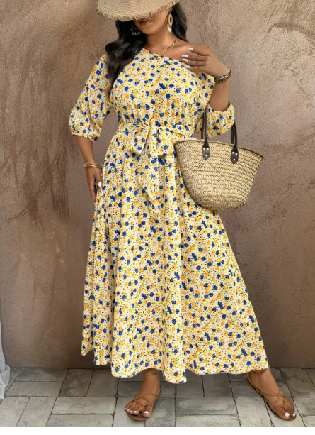 Plus Size Women Vacation Ditsy Floral Asymmetric Neckline Lantern Sleeve Dress Carousel 4