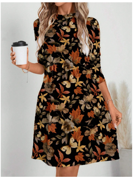 Casual Minimalist Leaf & Flower Graphic Loose Fit Round Neck Dress For Women Carousel 4