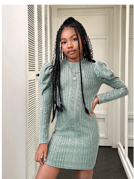Tween Girls' Casual Solid Color Knitted Stand Collar Long Sleeve Dress Carousel 5
