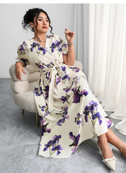 Plus Size V-Neck Puff Sleeve Waist Tie Romantic Floral Print A-Line Dress