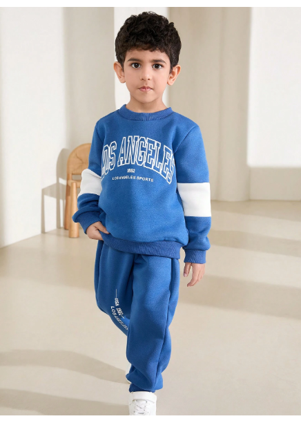 Young 2pcs/Set Boy Color Block Letter Print Crew Neck Long Sleeve Top And Pants Set Carousel 5