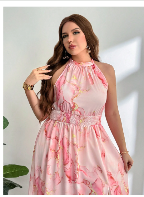 Plus Size Elegant Casual Beach Vacation Pink All-Over Print Halter Gathered Waist High Slit Dress Carousel 6